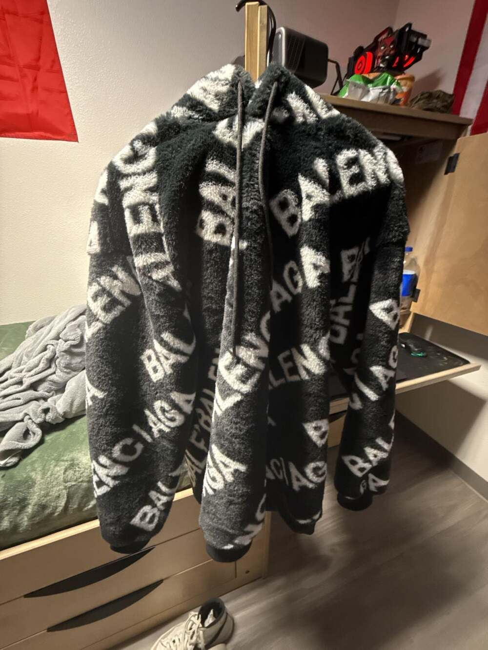Balenciaga Teddy Fleece Hoodie Size L Black White All-Over Logo